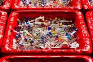 Mishandled overfilled, open sharps containers with syringes and medical waste