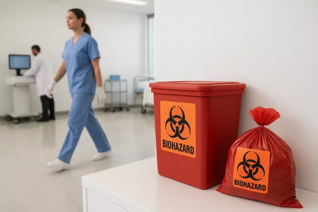 A clean, modern healthcare setting with two clearly labeled red biohazard containers.