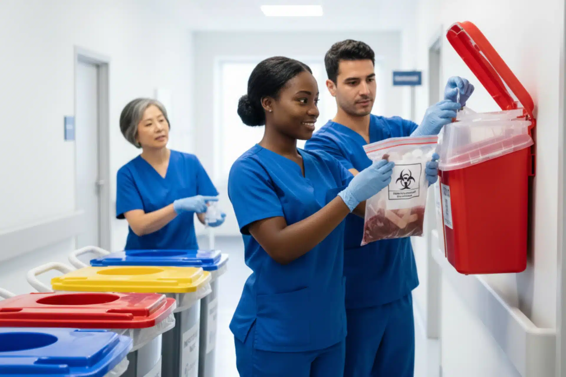 Healthcare worker placing a biohazard bag into a large red medical waste container in a hospital hallway, with a colleague standing nearby.