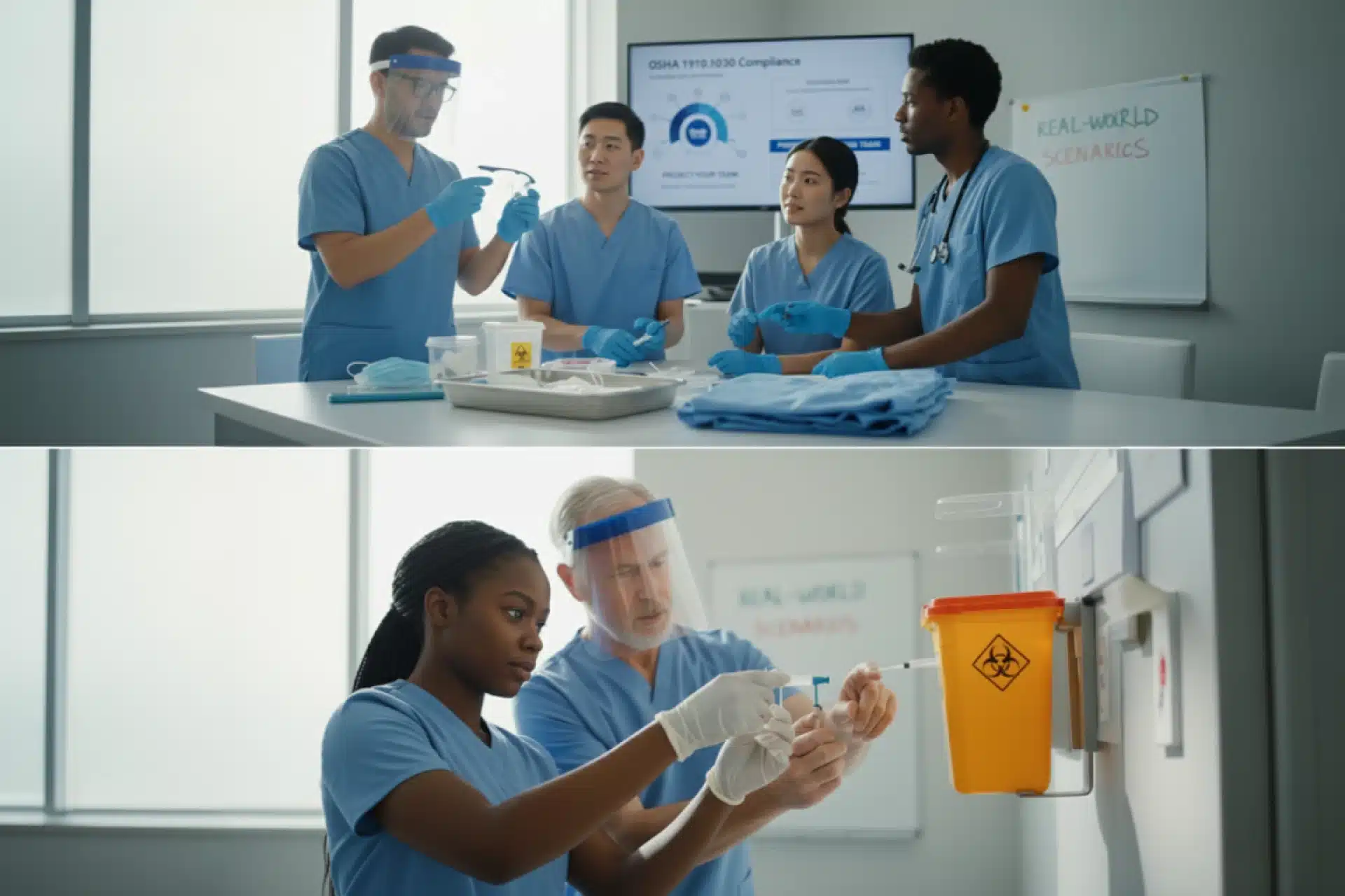 A group reviews PPE and materials while an instructor teaches a trainee safe needle disposal.