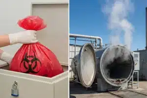 Gloved hand placing a biohazard red bag into a container next to an industrial steam autoclave