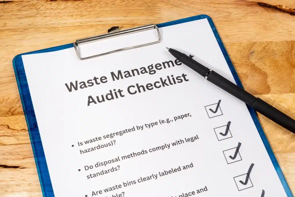 A checkmarked waste management audit checklist in a clipboard