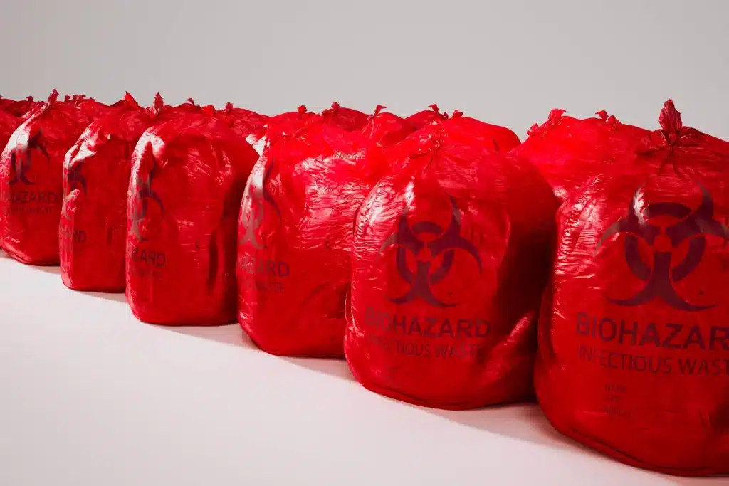 A row of red biohazard waste bags lined up side by side, each marked with a biohazard symbol and “Biohazard Infectious Waste” text
