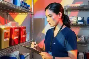 A compliance lead checking labeled biohazard and sharps containers in a Texas clinic storage area
