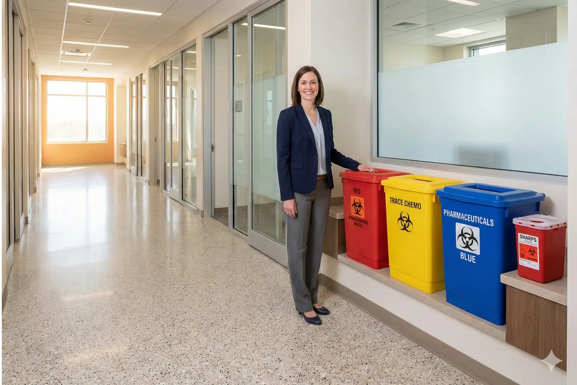 A professional healthcare practice manager reviewing compliant, color-coded medical waste bins and sharps containers