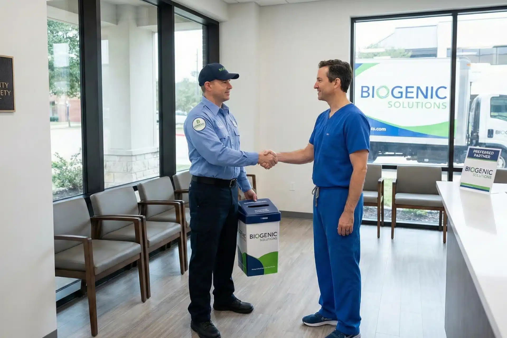 A man in a Biogenic Solutions uniform holding a service container shaking hands with a medical professional in blue scrubs