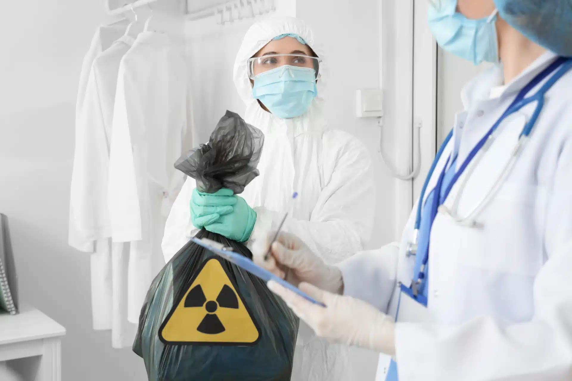 Workers wearing personal protective equipment holding a bag of radioactive waste in a clinic
