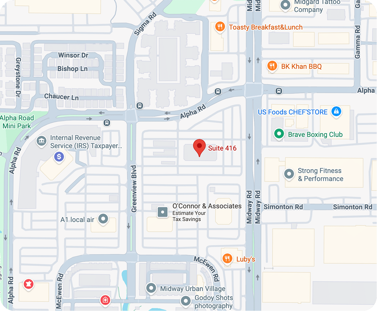 Map showing Biogenic Solutions office at 4100 Alpha Rd Suite 416, Dallas, TX