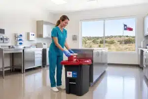 A healthcare professional in scrubs is placing regulated waste into a durable Biogenic Solutions reusable container in a clean clinical setting