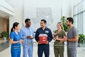 Diverse healthcare professionals in a hospital, dental, veterinary, and med spa setting interacting with a Biogenic Solutions waste removal technician