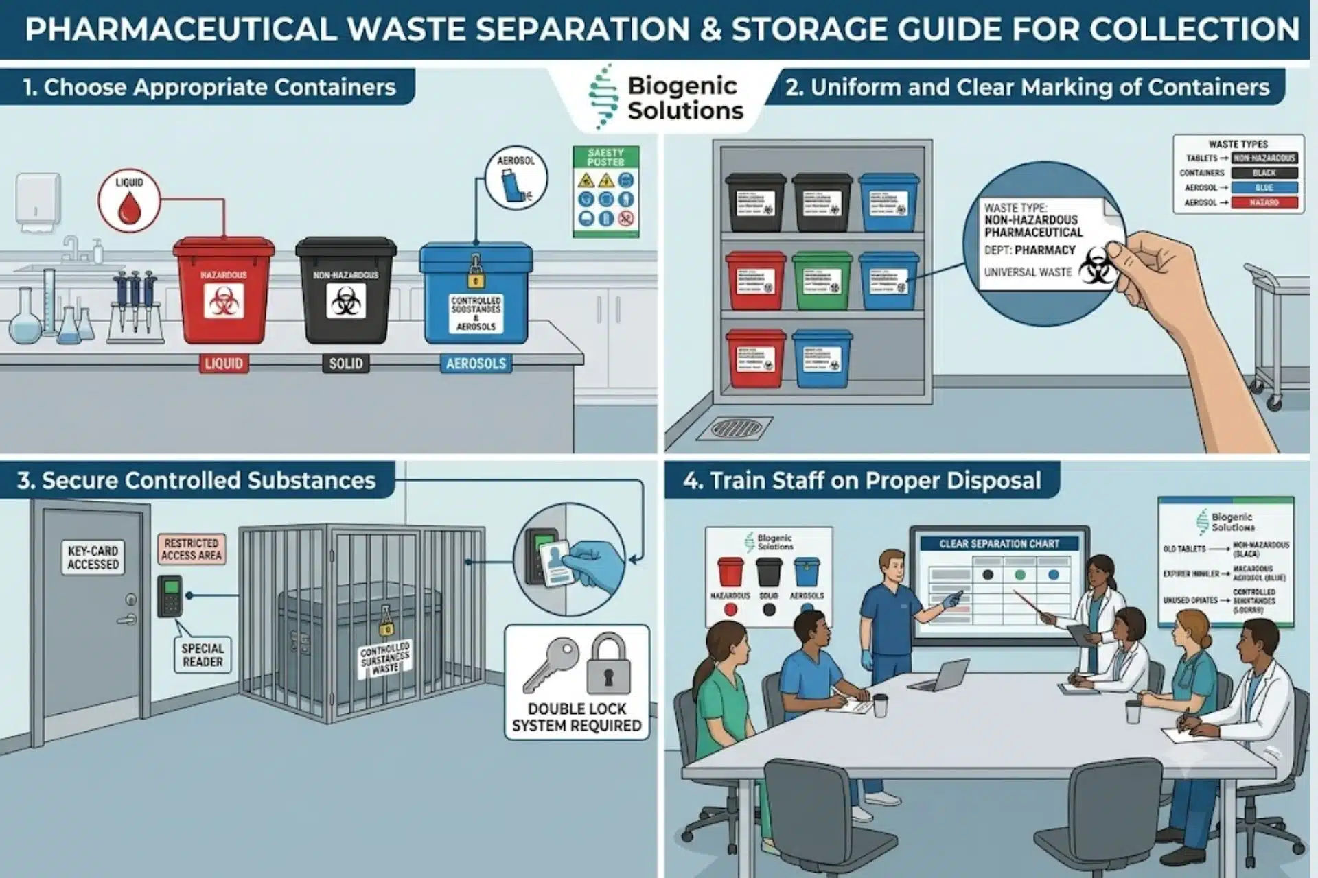 Infographic illustrating four steps for pharmaceutical waste handling